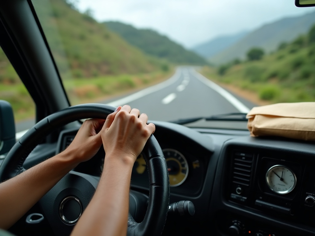 Flores driver's hands on the steering wheel at a hilltop stop on the Trans-Flores road