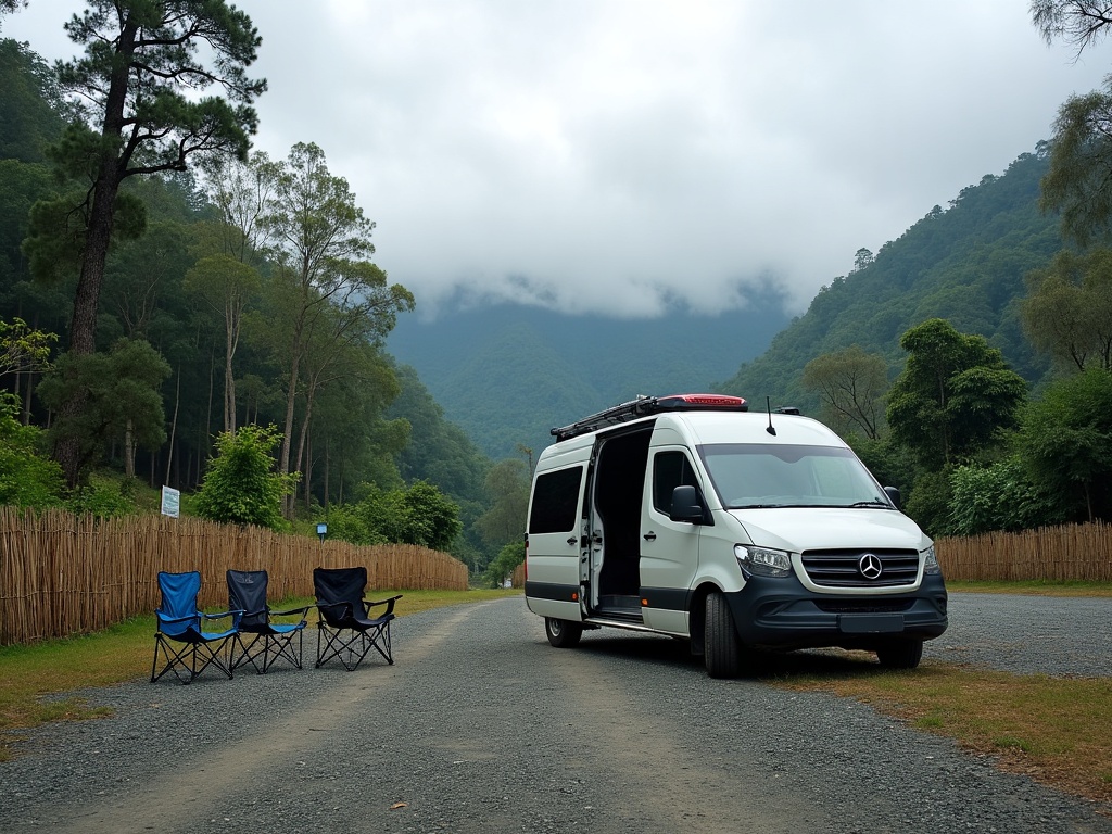 Private minivan waiting alone at a highland trailhead car park in Flores while its passengers trek